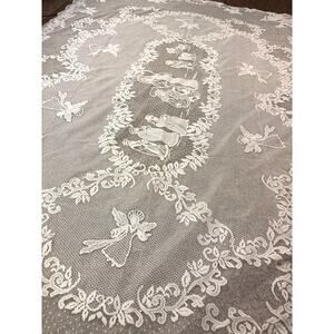 Vintage Cream Lace Tablecloth 58" x 84” Nativity Scene Holiday Scalloped Edge
